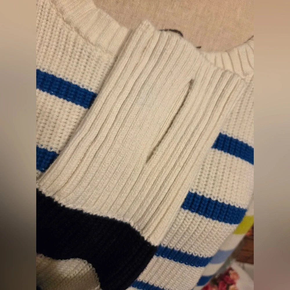 Talbots White Crewneck Sweater with Blue and Lime Stripes - Picture 5 of 8